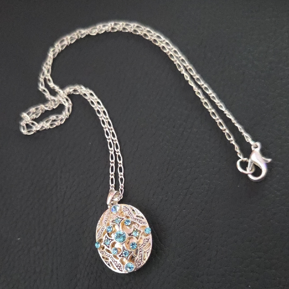 Silver Tone Blue Crystal Oval Locket Necklace | Gothic Victorian Inspired